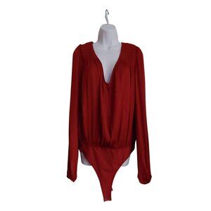 Free People Womens Pleated Bodysuit Med Terracotta V-neck Boho